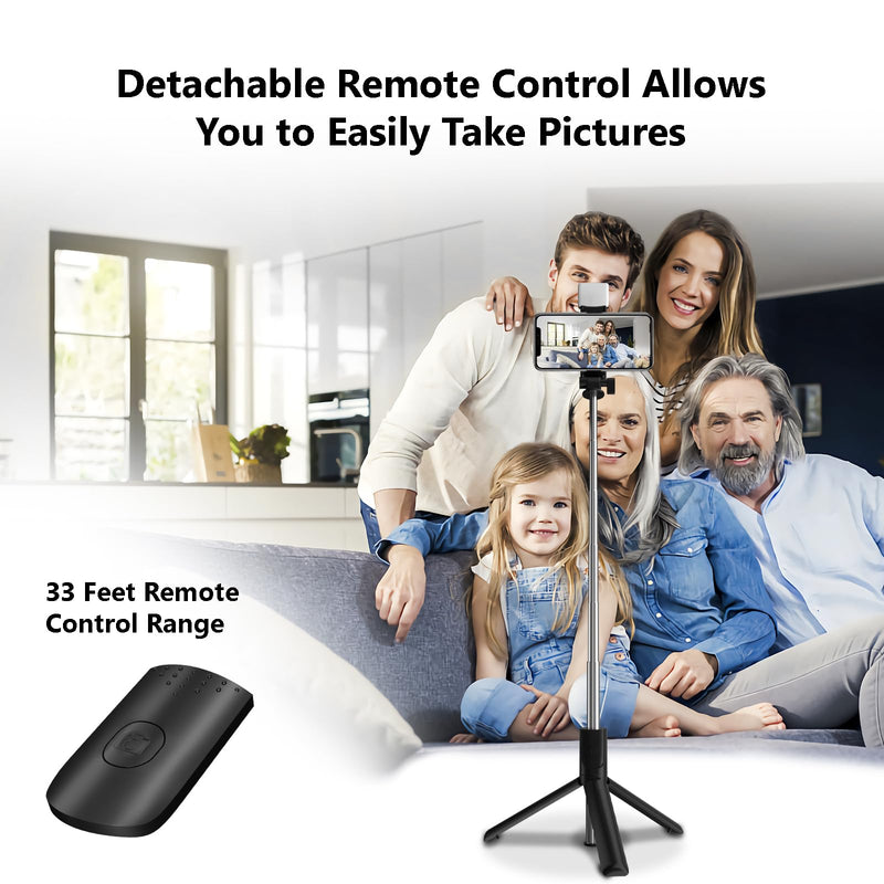 Selfie Stick, 40 in Retractable Phone Tripod with Wireless Remote Control & Light, Portable Selfie Stick Tripod for Photograph, Live Streaming, Video Recording, Compatible with All Cellphones Black