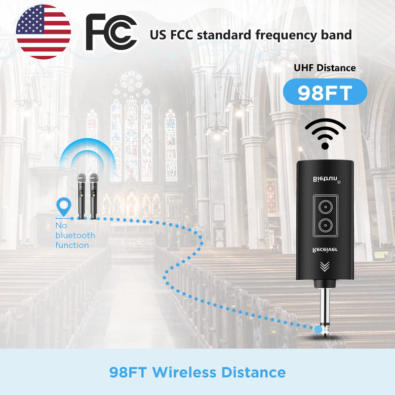 [AUSTRALIA] - Bietrun Wireless Microphone, UHF Dual Handheld Cordless Dynamic Metal Mic Set with Rechargeable Receiver, 1/4'' Plug Output, for Karaoke, Church, Wedding, Party Singing(98 ft Range)(Auto Connect) Battery Microphone-WXM31-2 