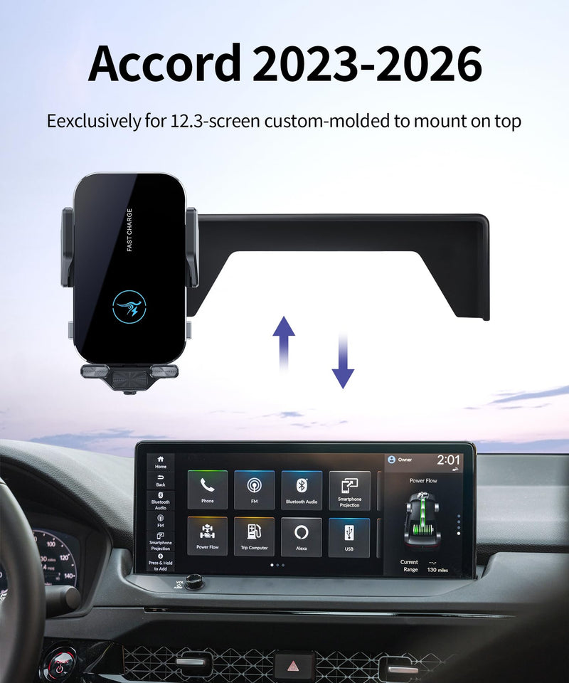 Wireless Charger Car Phone Holder for Honda Accord 2023-2026 12.3" Screen | Auto Clamp Cell Phone Mount Accessories 15W Qi Fast Charging Stand Compatible with iPhone Android,360° Navigation Bracket