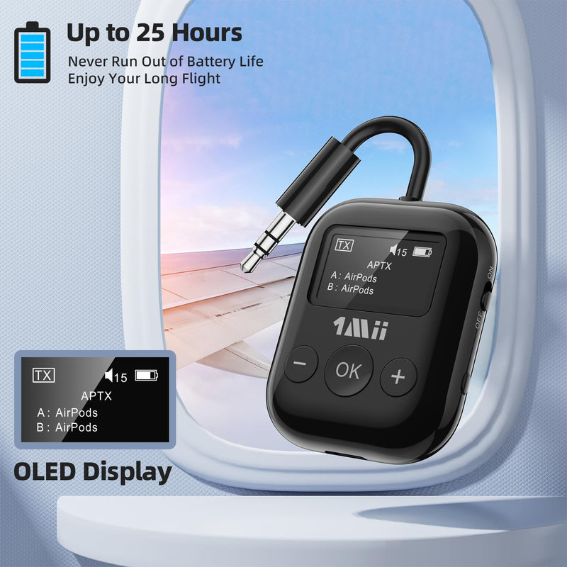 Airplane Bluetooth 5.3 Transmitter for All Headphones - Bluetooth Adapter for TV - Dual Connection - aptX Low Latency - Flying Travel,Long Flight Essentials - Wireless Audio Aux for MP3,Game,PC-Black Black