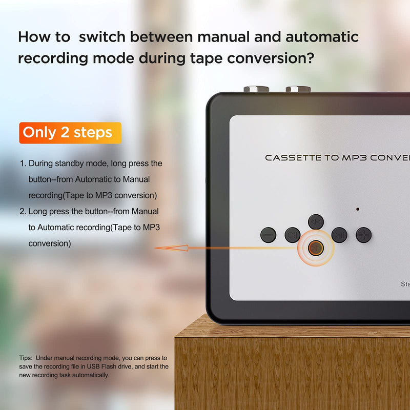 Ezcap USB Cassette Tape to MP3 Converter, Digital Tape Player Cassette Capture Converts Tape to MP3 into USB Flash Drive, No PC Required No Bluetooth Black