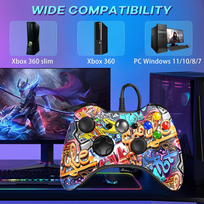 Xbox 360 Controller Wired, Xbox PC Controller, Compatible with Xbox 360/Xbox 360 Slim & PC Windows 11/10/8/7 Graffiti