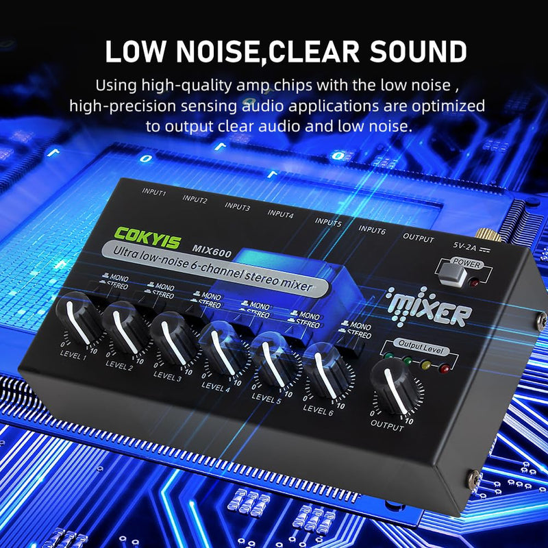 [AUSTRALIA] - Mini Audio Mixer, 6-Channel Stereo Line Mixer for Precision Sub-Mixing, with Ultra Low-Noise Operation, Independent Microphone Control, 1/4" TRS Input/Output-for Guitars, Bass, Stage Mixer 