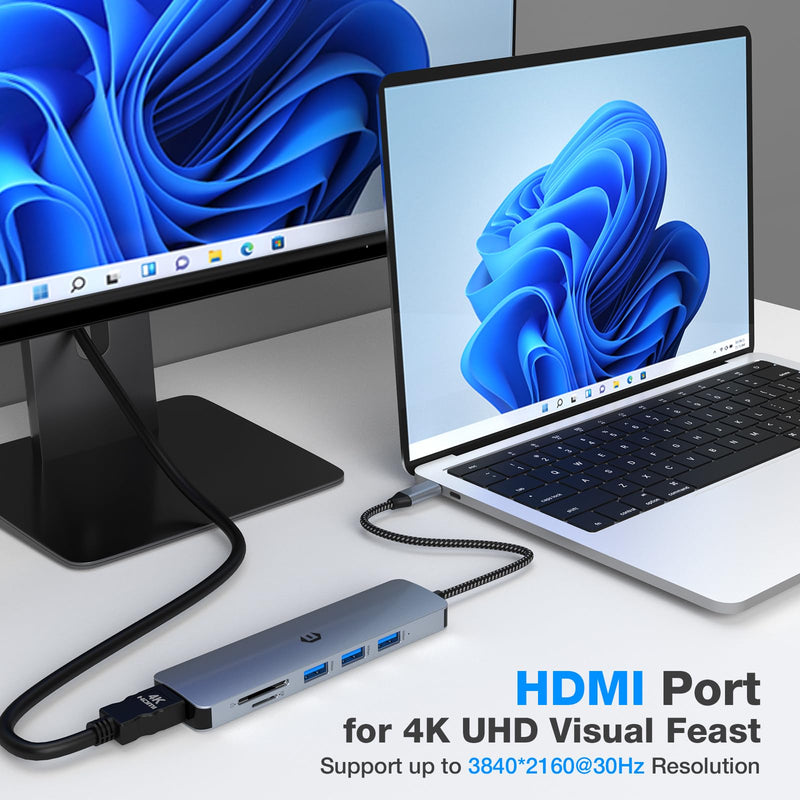 USB C Hub, 6 in 1 USB C Adapter for Mac Pro/Air, USB 3.0 5Gbps Speedy Docking Hub for Dell,Surface,HP,Lenovo and Other Type C Devices (4K HDMI,USB A 3.0,SD/TF)