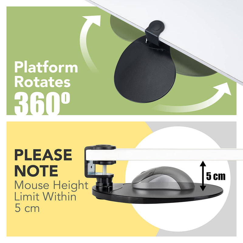 EHO Under-Desk Mouse Platform/Clip on Mouse Pad Rotating 360 Degree, Ergonomic Mouse Tray Attachment, Office Mouse Pad, Slide Out Mouse Tray (Black), Suitable for 1.5" (3.81 cm) Thickness Desk Black