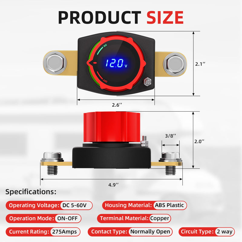 [AUSTRALIA] - Joinfworld Side Post Battery Disconnect Switch 12V-48V with Led Voltmeter Display, DC 5-60V Battery Kill Switch Waterproof Marine Battery Cut Off Switch 12 Volt for Car RV Boat ATV UTV Vehicles On-Off Side Post with Voltmeter 300A 