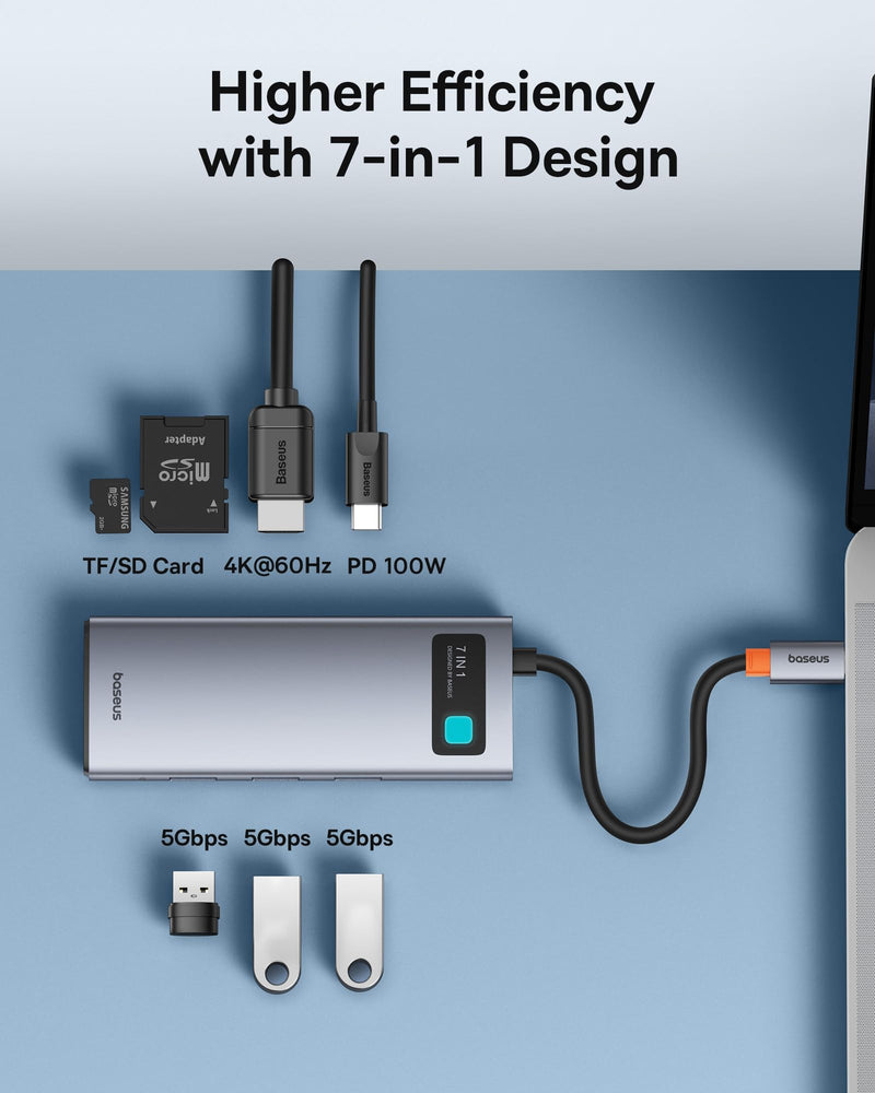 Baseus USB C Hub, 4K@60Hz HDMI USB C Docking Station, 7 in 1 USB Hub with 3 USB-A 5Gbps, PD 100W, TF/SD Card Reader, USB C Adapter Compatible for iPhone 15/Mac/Dell/Acer/HP/ASUS/Steam Deck/Rog Ally