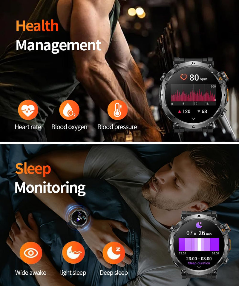 Military Smart Watch for Men, 1.7" HD Rugged Smartwatch with GPS, Bluetooth Call, 100+ Sports Modes, Heart Rate Blood Pressure Sleep Monitor, IP68 Waterproof Fitness Tracker (Black orange Band) Black orange Band