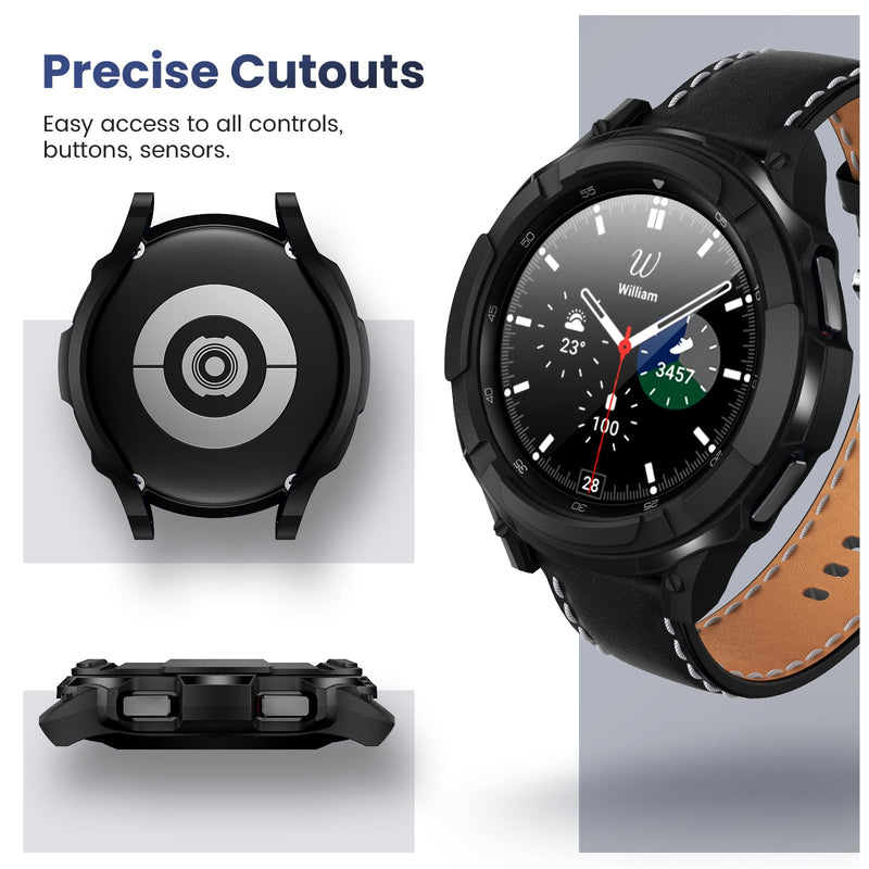 Goton 3 in 1 Accessories for Samsung Galaxy Watch 4 Classic 46mm, 1 Rugged TPU Armor Bumper Case Cover +2 Tempered Glass Screen Protector Films + 1 Bezel Ring for Galaxy Watch4 Classic 46mm Black For Galaxy Watch 4 Classic - 46mm