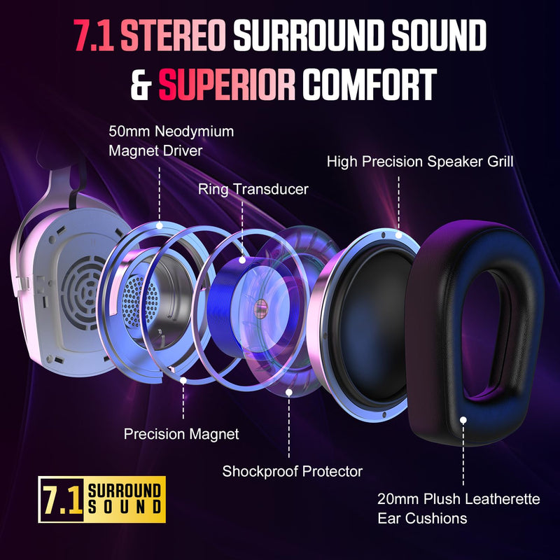Wireless Gaming Headset for PS5 PS4 PC Mac Switch, RGB Headphones with 7.1 Surround Sound, Bluetooth 5.4, 60H Battery, Noise Canceling Mic & 50mm Drivers