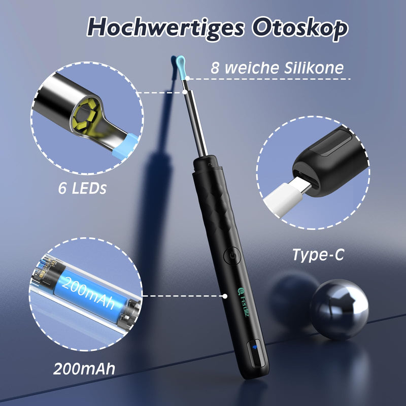 [AUSTRALIA] - Earwax Remover Otoscope, Ferdiiz 1080P WiFi Direct Connection Ear Cleaner, IP67 Waterproof Ear Cleaner for Adults, 3.5 mm Otoscope for iPhone, iPad and Android Smartphones (Black) Black 