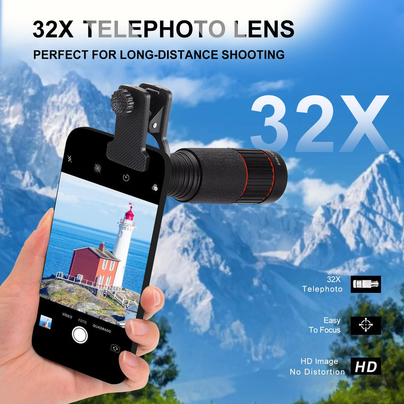 [AUSTRALIA] - 32X Long Focus Telephoto Phone Lens for iPhone and Android, Zoom Cellphone Camera Lens with Phone Clip for Picture Video Taking with eyecap 