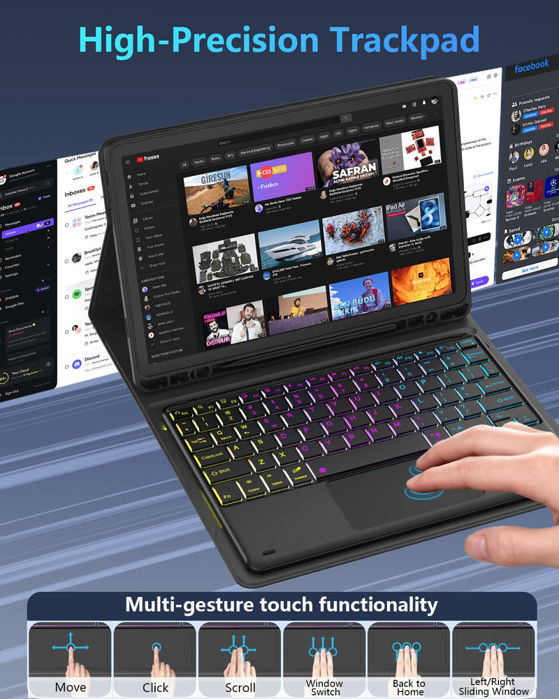 Keyboard Case for Samsung Galaxy Tab S10 Lite / S10 FE / S9 FE / S9 / S8 | 10.9-11 Inch Rainbow Backlit Keyboard Mouse, Multi-Touch Trackpad, S Pen Holder, Auto Sleep/Wake - Black 10.9-11 inch-Tab S10 Lite/ S10 FE/ S9 FE/ S9/ S8