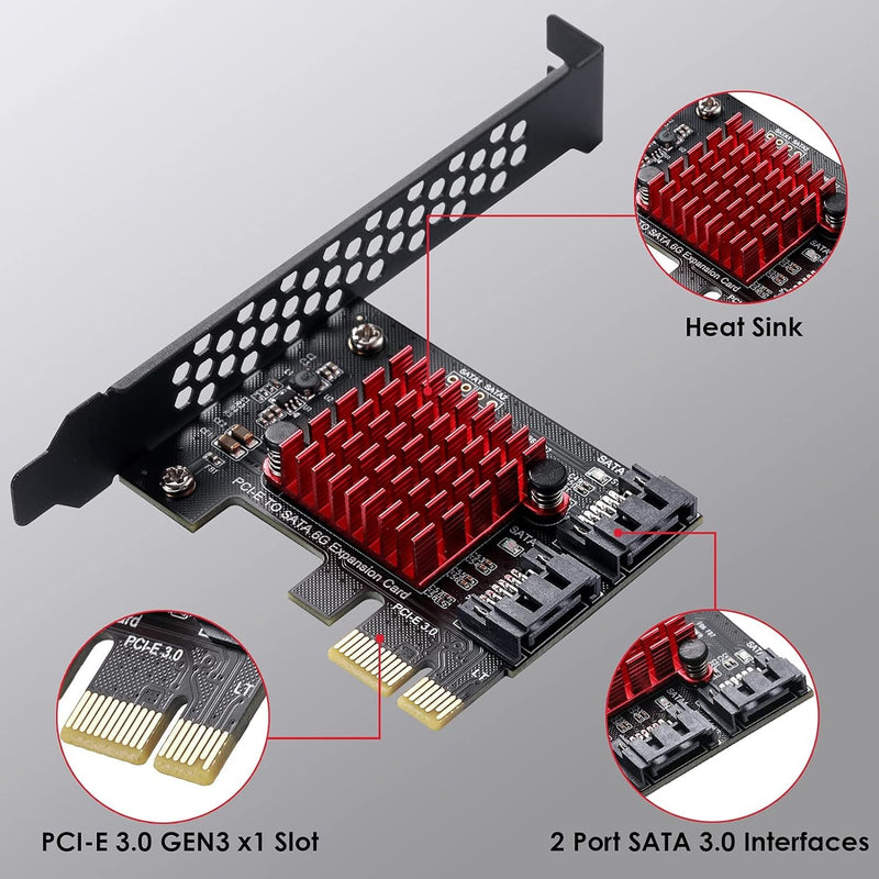 2-Port SATA Card Expansion Cards, PCI-E 3.0 GEN3 JMICRON+JMB582 Chip, 6Gbps Expansion Adapter Boards PCI Express Controller Adapter Card for Windows XP/2003/2008/Vista/Win7/8/10/Linux.