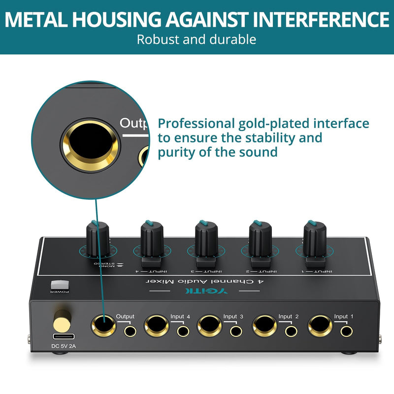 Mini Audio Mixer, 4 Channel Stereo Line Mixer 1/4" & 1/8" TSR Audio Output Input Jack, Line Mixer Stereo/Mono Independent Control and Switch for Guitars,Bass,Keyboards, Dynamic Microphone