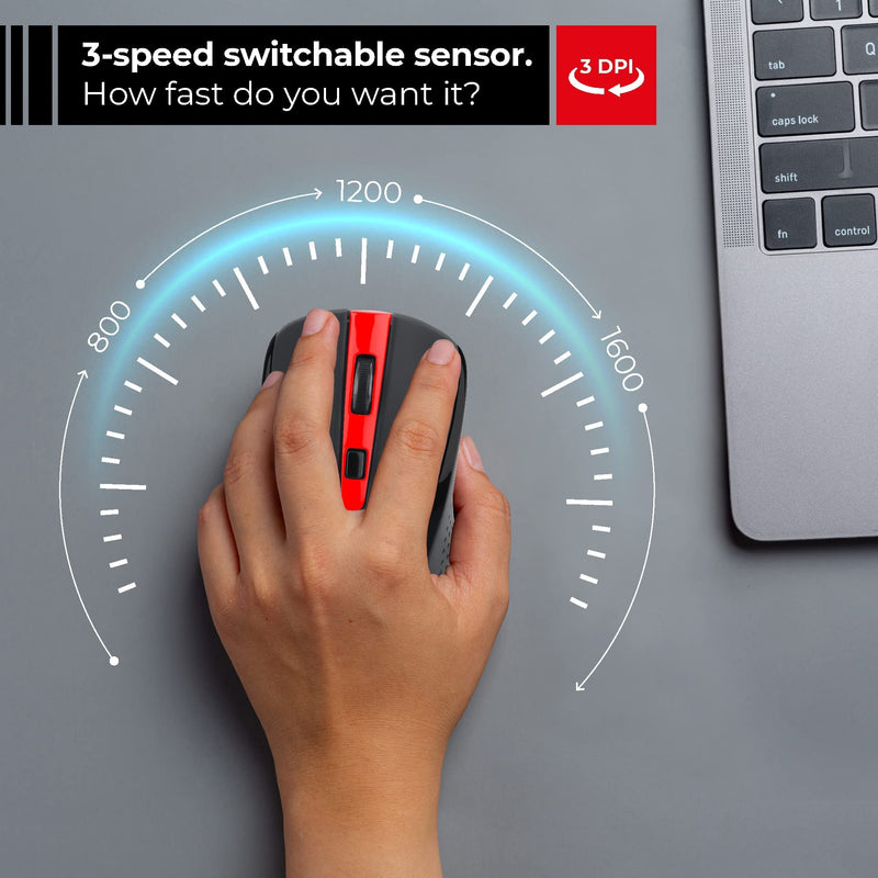 ShhhMouse Silent Wireless Mouse for Laptop - Optical Cordless Computer Mice with USB – Quiet Click, 3 DPI Levels of Sensitivity, Side Buttons - Portable for PC, Chromebook [Black & Red] Black & Red