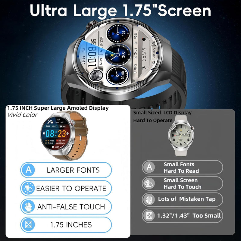 Military Grade Tactical Smart Watch for Men,1.75" Large Crystal Clear HD AMOLED Touchscreen Smartwatches for Android iOS,Fitness Tracker with 110+Sport Modes/Heart Rate/Sleep Monitor (Black) Black
