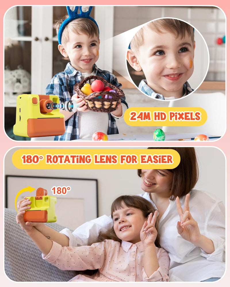 Kids Camera Instant Print, Christmas Birthday Gifts for Toddle Girls Boys Age 3-12, 20MP & 1080P Selfie Digital Camera with 3 Roll No-Ink Print Paper 32G SD Card - Yellow
