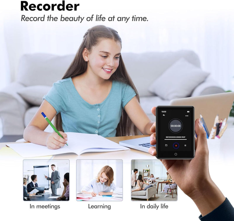 64GB MP3 Player with Bluetooth 5.3, Portable Music Player 2.4" Full Touchscreen with Speaker, FM Radio, Voice Recorder, E-Book (Earphones Included)