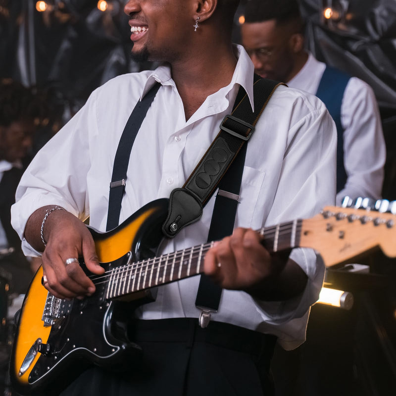 BestSounds Guitar Strap - Strap for Acoustic, Electric and Bass Guitars with Leather Head and Pick Holder Pockets Black