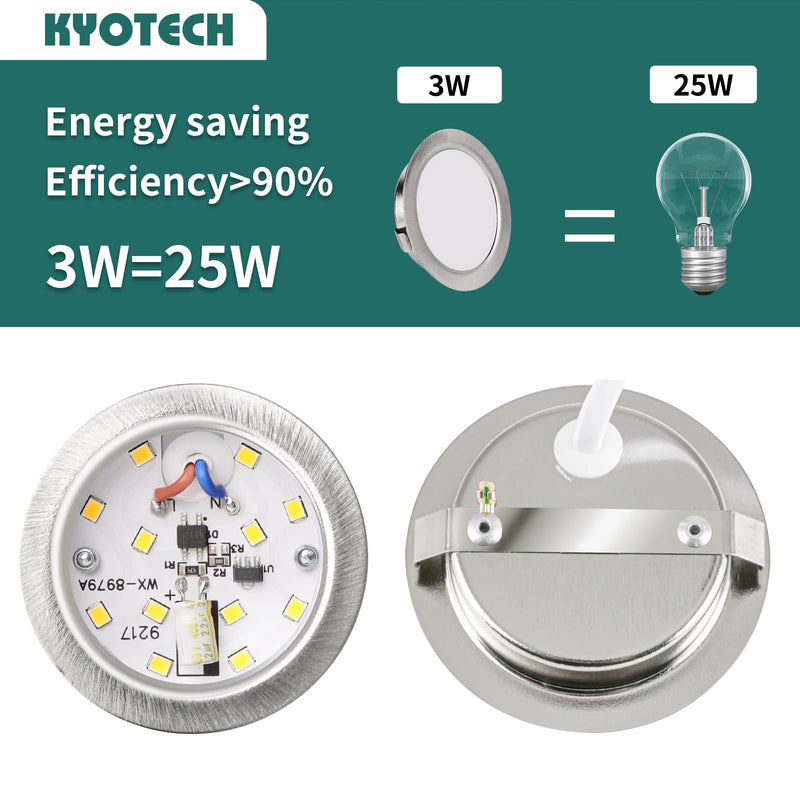 KYOTECH LED Recessed Spotlight 230 V Dimmable, 3 W 3000 K Warm White LED Spot Ultra Flat 300 LM Bore Hole 55-58 mm and 15 mm Flat IP44 Furniture Recessed Spotlights for Mirror Cabinet, Nickel Set of 3 3 pieces Brushed Nickel