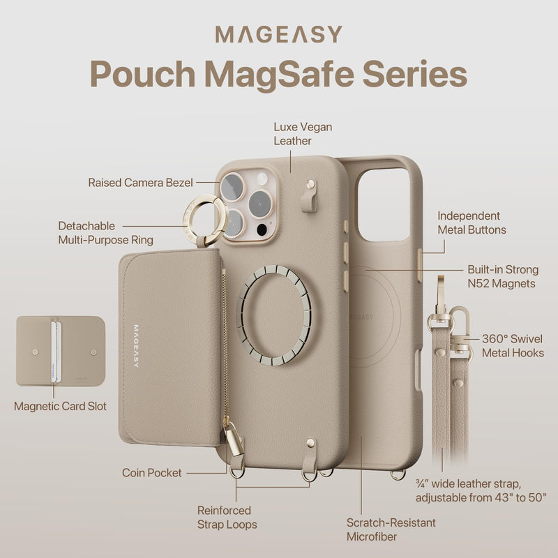 MAGEASY Pouch MagSafe Crossbody Wallet Phone Case for iPhone 16 Pro - Removable Wallet with Strap, 16ft Shockproof Protection, Card Holder & Coin Pocket Magnetic Purse Compatible with MagSafe (Gray)