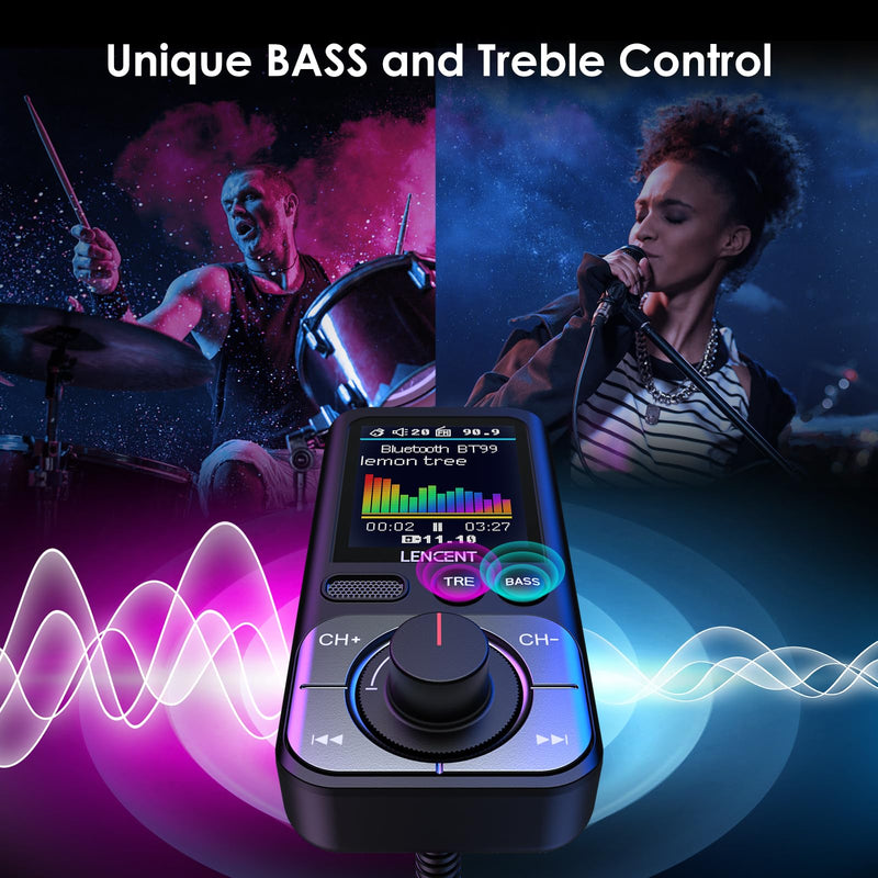 LENCENT Bluetooth 5.0 FM Transmitter for Car, AUX Car Radio Adapter, Big Color Screen, MP3 Music Player TRE&BASS Booster, QC3.0 Fast Charger, Wireless Microphone Support Hands-Free Siri Google TF Card