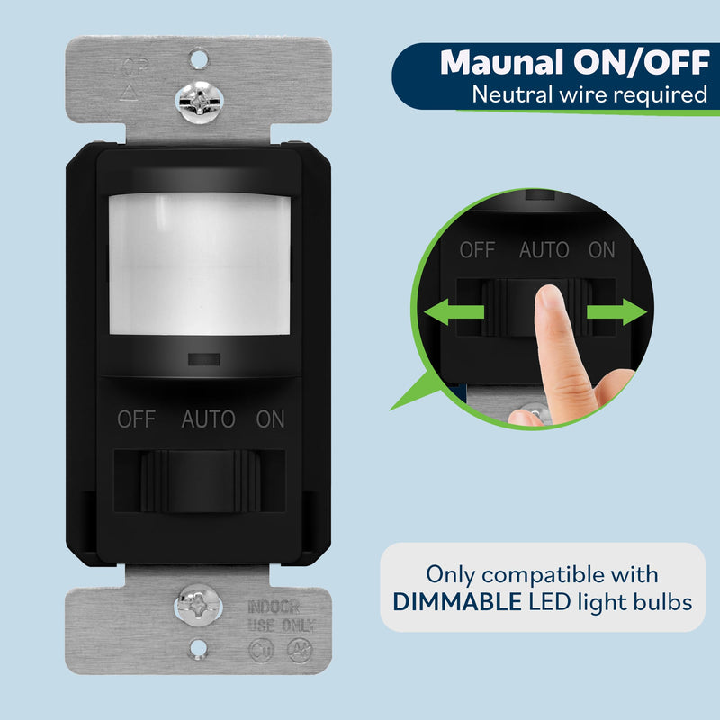 [AUSTRALIA] - TOPGREENER in Wall PIR Motion Sensor Light Switch, Occupancy Sensor Switch, 𝐍𝐞𝐮𝐭𝐫𝐚𝐥 𝐖𝐢𝐫𝐞 𝐑𝐞𝐪𝐮𝐢𝐫𝐞𝐝, On/Off Override, 𝐒𝐢𝐧𝐠𝐥𝐞 𝐏𝐨𝐥𝐞, 4A, 500W, TSOS5-BKWP,Black,2 Pack Black 2 Pack 