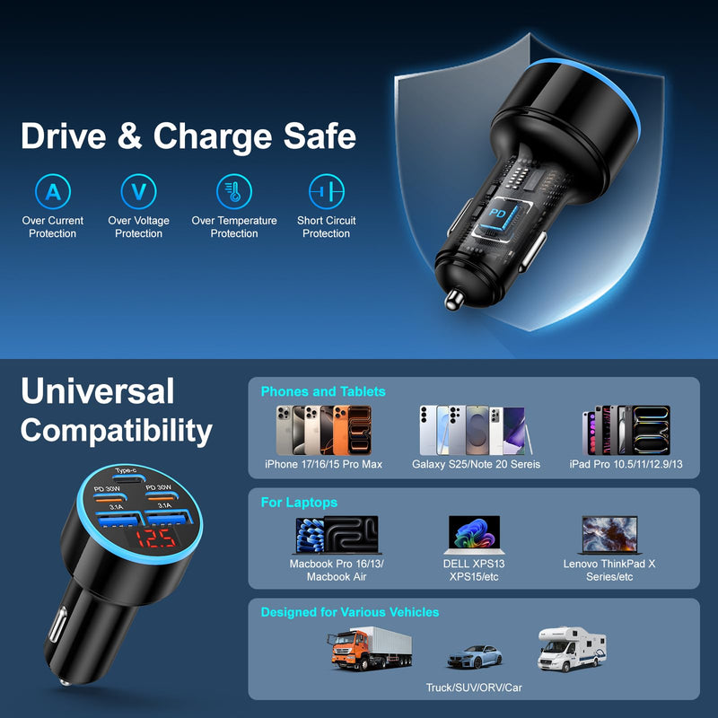90W 5-Port Cigarette Lighter USB Charger Adapter USB C Fast Charging | Multi-Port USB C Car Charger Adapter with Voltmeter,Car Phone Charger with USB C Cable for iPhone 17 16 15Pro Max,iPad,Galaxy 1 Pack