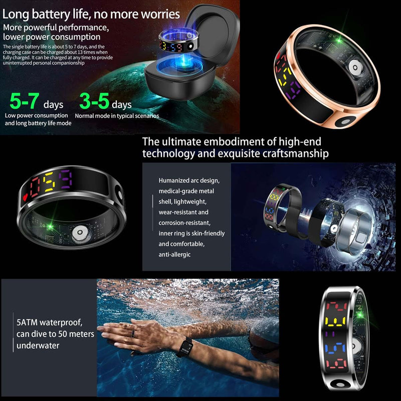 Smart Ring with Color Screen|Track Heart Rate, Sleep, Blood Oxygen,Steps |Power|Display| Short-Form Video/Remote Control Camera (Silver, 8(17.7mm)（0.70inch) Silver 8(17.7mm)（0.70inch)