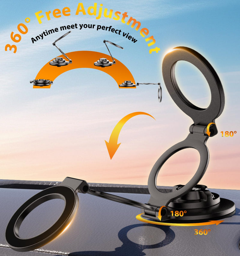 Upgraded Lock/Suction Cup Vacuum Magnetic Phone Holder，Adjustable&Foldable&Portable Zinc-Alloy Magnet Suction Phone Mount for Your Car/Dashboard/Desk/Windshield/Gym/Mirror,for iPhone Android