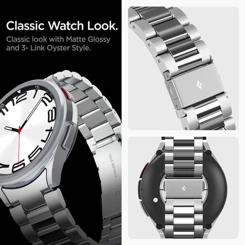 Spigen Modern Fit 316L for Samsung Galaxy Watch 6 Classic 47mm Band (2023) | Premium Business Wristband Metal Stainless Steel Adjustable Replacement Men Women Strap Silver