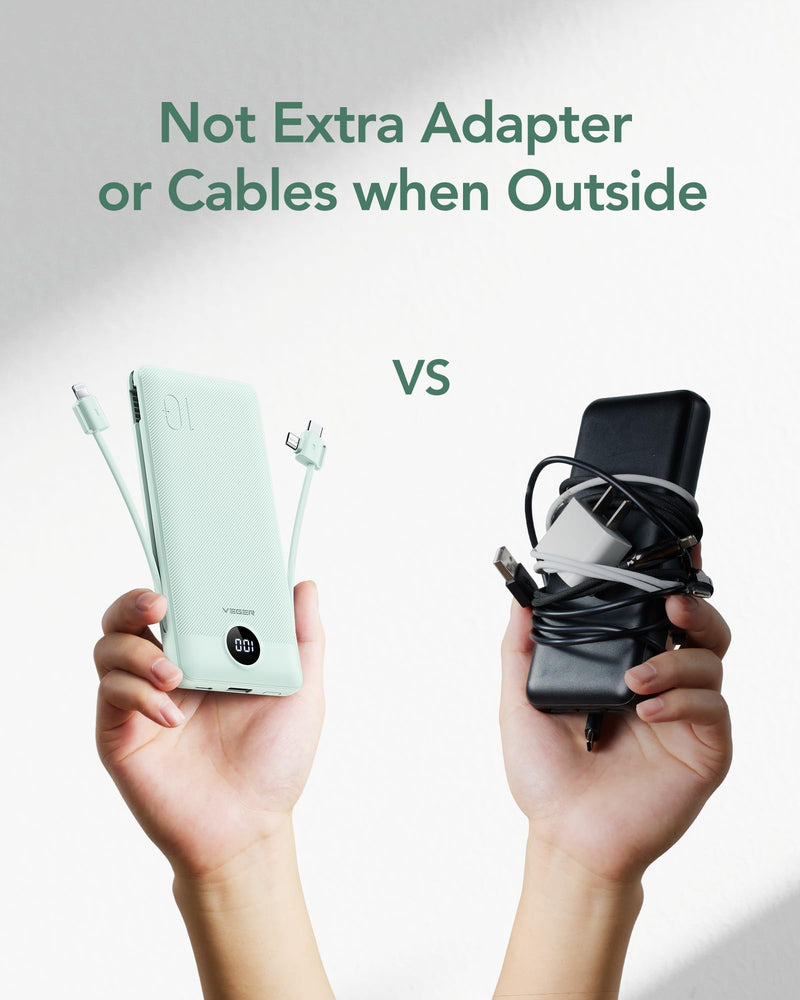 VEGER Portable Charger for iPhone with Built in Cables and Wall Plug, 10000mah Slim Fast Charging USB C Power Bank, Travel Essential Battery Pack Compatible with iPhone, iPad, Samsung etc(Green) Green