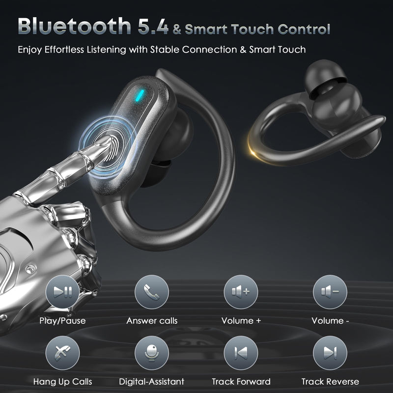Wireless Earbuds Bluetooth Headphones, 54H Playtime Full Stereo Over Ear Buds with ENC Noise Cancelling, LED Power Display, IPX7 Waterproof Sport Earphones with Earhooks for Running/Workouts Black Soft Black