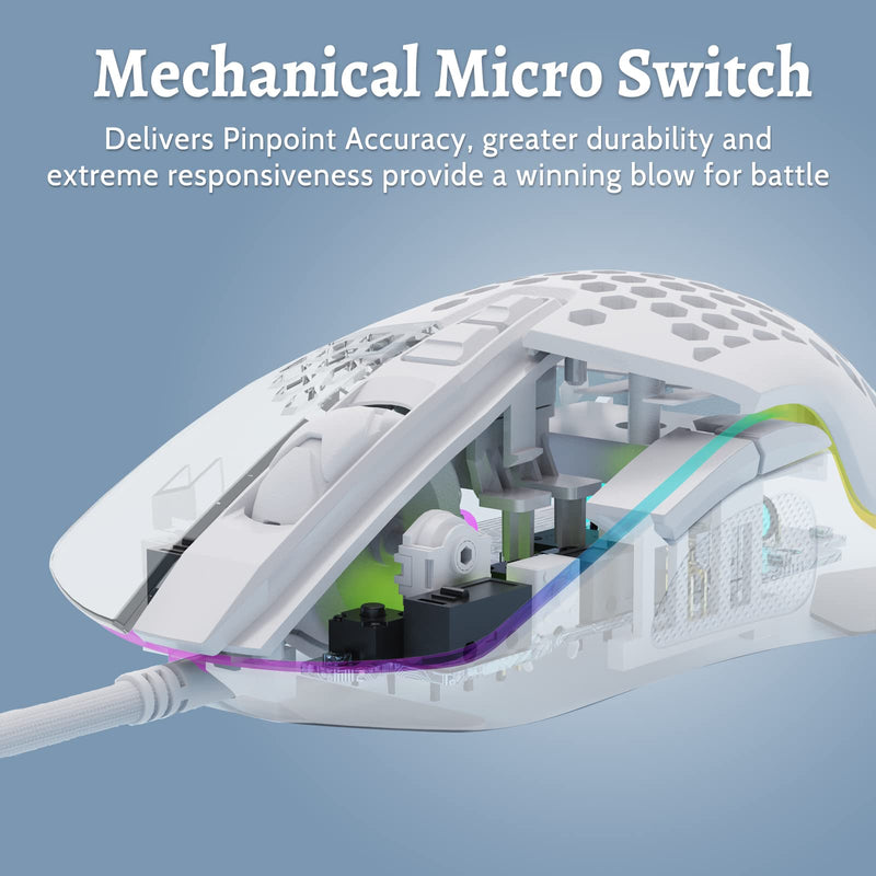 DIERYA Falcon Honeycomb Gaming Mouse, 16000 DPI Optical Sensor, 70g Ultra-Lightweight RGB Backlit Ergonomic Wired Mouse with 7 Buttons Programmable Driver for Windows PC Gamer Designer (White) white