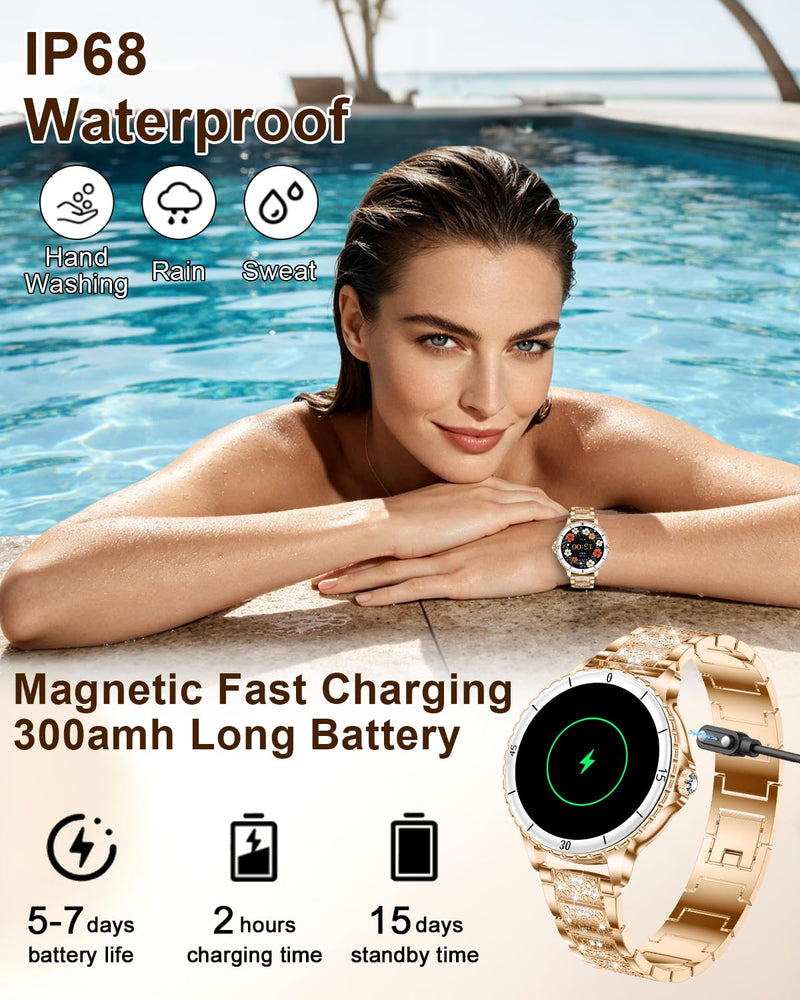 Smart Watches for Women(Answer/Make Call) with Diamond, 1.27" HD Bluetooth Smartwatch for Android iOS Phones, IP68 Fitness Tracker with Heart Rate SpO2 Sleep Monitor, 120+ Sport, Rosegold Rose Gold