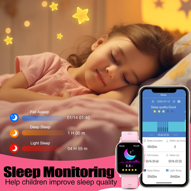 meoonley Kids Watch for Girls Boys with IP68 Waterproof, Girls Watch with 19 Sports Modes, Sleep Tracking, Pedometer, Stopwatch, Kids Activity Tracker, Birthday Gifts for Girls Age 6-15 Years Old Pink