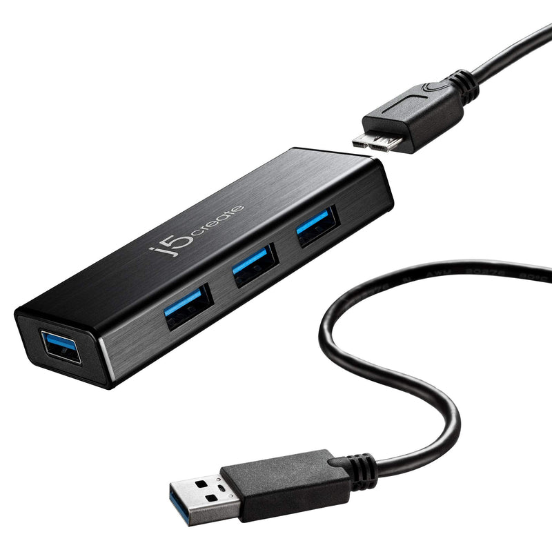 j5create 4-Port Powered USB 3.0 Data Hub with 2 ft Extended Cale [15W Power Adapter Included] for Mac, MacBook, Windows, Laptop, Surface, XPS, PC (JUH340)