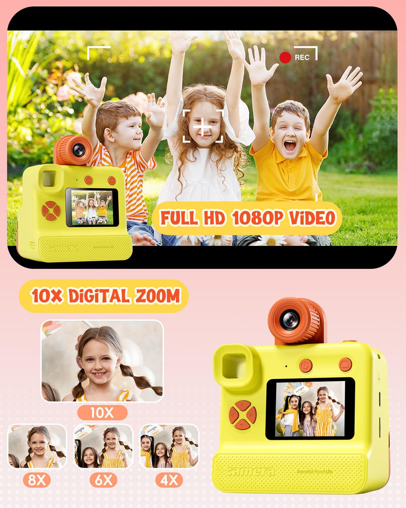 Kids Camera Instant Print, Christmas Birthday Gifts for Toddle Girls Boys Age 3-12, 20MP & 1080P Selfie Digital Camera with 3 Roll No-Ink Print Paper 32G SD Card - Yellow