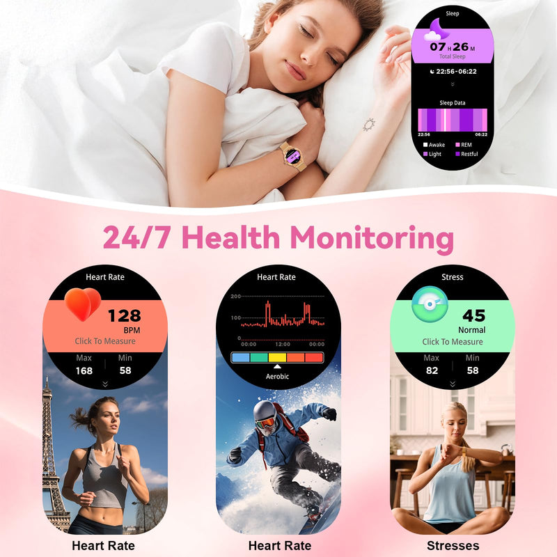 Smart Watch for Women, 1.2" Display 100+ Sports, IP68 Waterproof | Fitness Tracker with Heart Rate, Sleep & Female Cycle, Adjustable Fit, iOS & Android Compatible, W02-Rose Gold