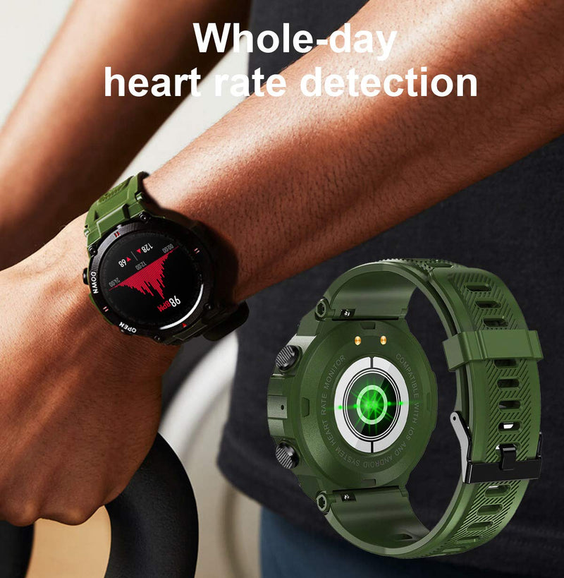 1.28" IPS Tactical Smart Watch for Men Activity Fitness Tracker with 400mAH Large Battery Outdoor Bluetooth Call Heart Rate Sleep Monitor Pedometer IP68 Waterproof Sport Watch for Android iOS k22-Army green