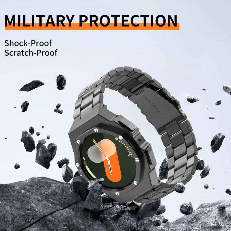 Luxury Case with Band Designed for Samsung Galaxy Watch 7 44mm 2024, Rugged Military Protective Metal Bumper Cover with Tactical Stainless Steel Strap for Men Black
