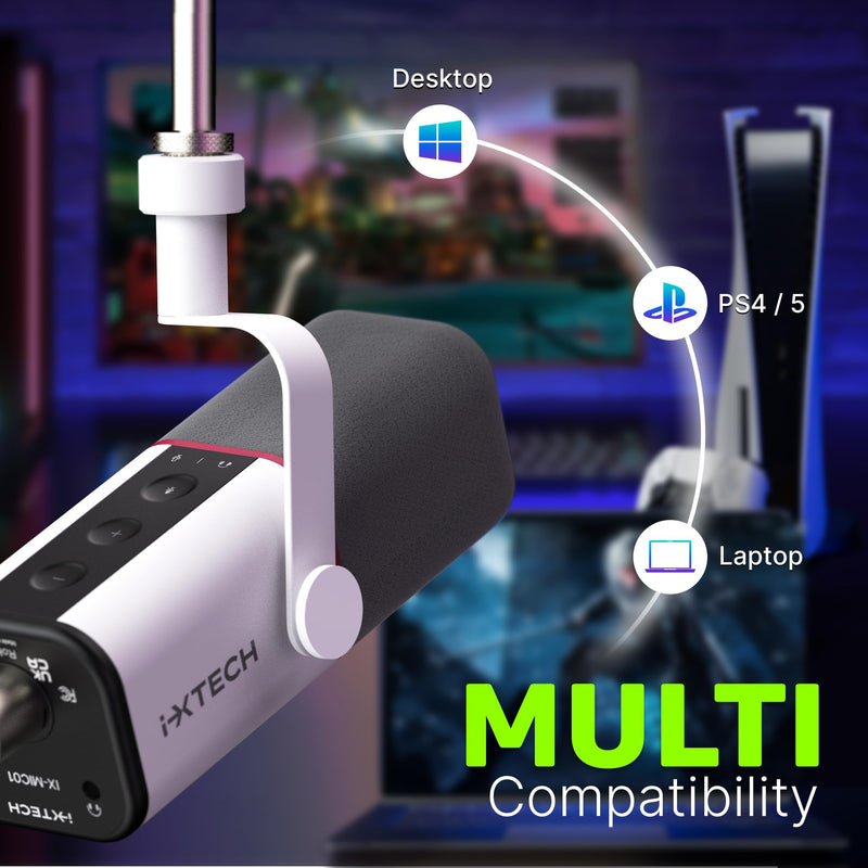 IXTECH Cardioid Dynamic Microphone with Mic Cover, Vocal USB XLR Microphone for Podcasting, Streaming, Recording, Gaming and Voice-Over (White) Dynamic Mic White