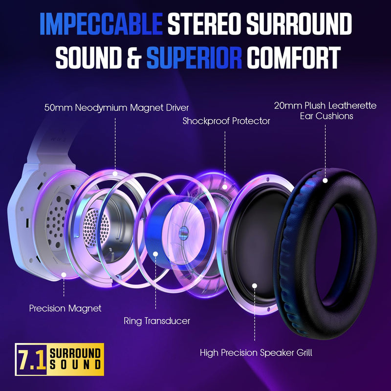 [AUSTRALIA] - YPBDAN Gaming Headset for PS5, PS4, Xbox Series X|S, Xbox One, PC, Switch, Mac - RGB Over-Ear Headphones with 7.1 Surround Sound, Noise Cancelling Mic, 50mm Drivers & Memory Earmuffs for Nintendo 64 White 