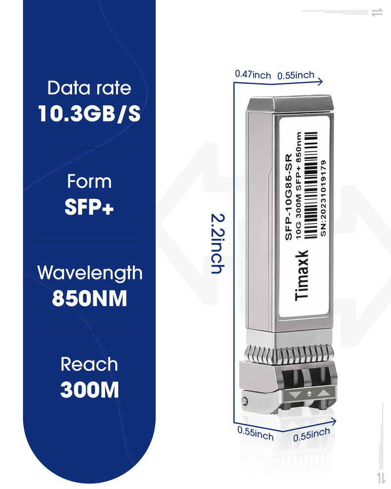 Timaxk 10GBase-SR SFP+ Transceiver, SFP Multi-Mode Fiber LC Module, 10G 850nm MMF up to 300 Meters, Compatible with Cisco, Ubiquiti, Mikrotik, D-Link, Netgear, Qnap, Linksys and More 1 pack