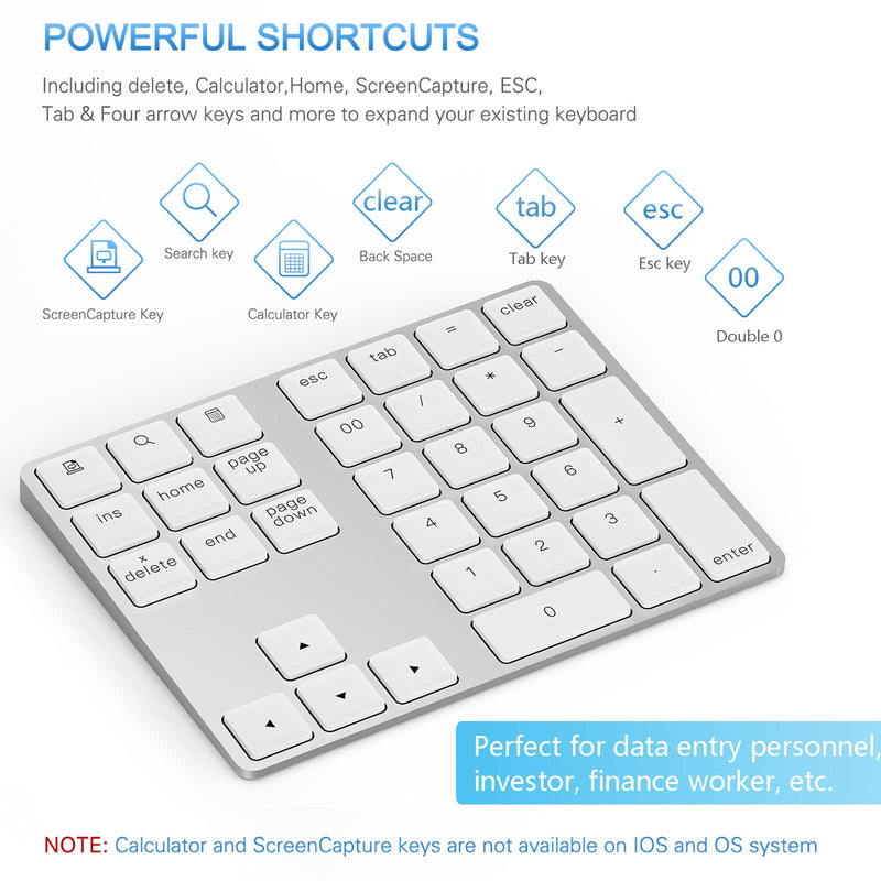 Bluetooth Number Pad, Lekvey Aluminum Rechargeable Wireless Numeric Keypad Slim 34-Keys External Numpad Keyboard Data Entry for Laptop, MacBook, MacBook Air/Pro, iMac, Windows, Surface Pro - Silver White and Silver