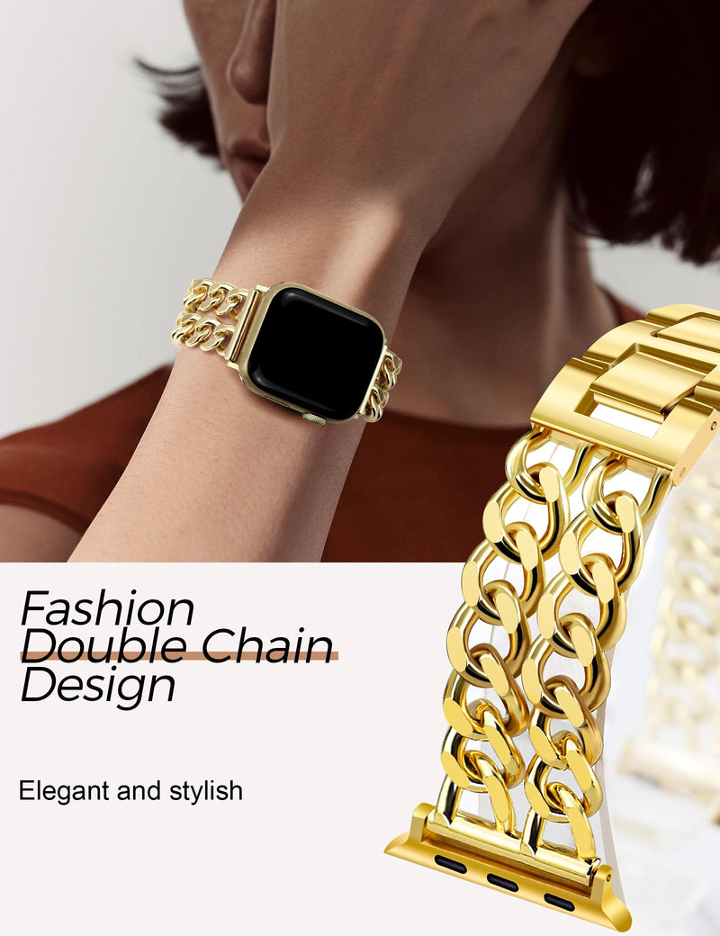 JR.DM Gold Double Chain Band Trangle Stainless Steel Watch Band Bundle Compatible with Apple Watch 38mm 40mm 41mm 42mm 44mm 46mm 45mm 49mm for iWatch Series 11/10/9/8/7/6/5/4/3/2/1/SE/Ultra