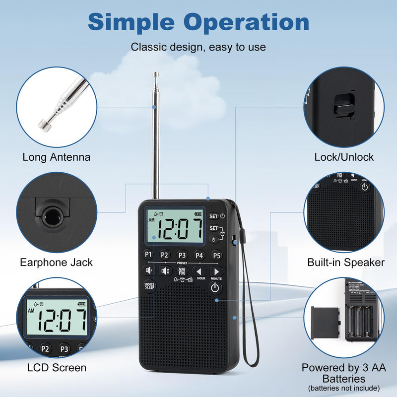 [AUSTRALIA] - Battery Operated Portable Pocket AM/FM Radio | Digital Tuning, Loud Speaker, Excellent Reception | Portable Emergency & Outdoor Radio with LCD Screen, Alarm Clock, Preset, Sleep Timer, Snooze 