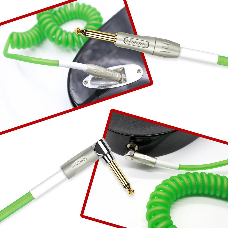 KIRLIN Cable Kirlin IMK-202PFGL-30/GRF-Straight to Right Angle ¼” Premium Coil Instrument Cable, Green Translucent PVC Jacket-30ft, 1/4" Mono Plug, (IMK-202PFGL-30/GRF)