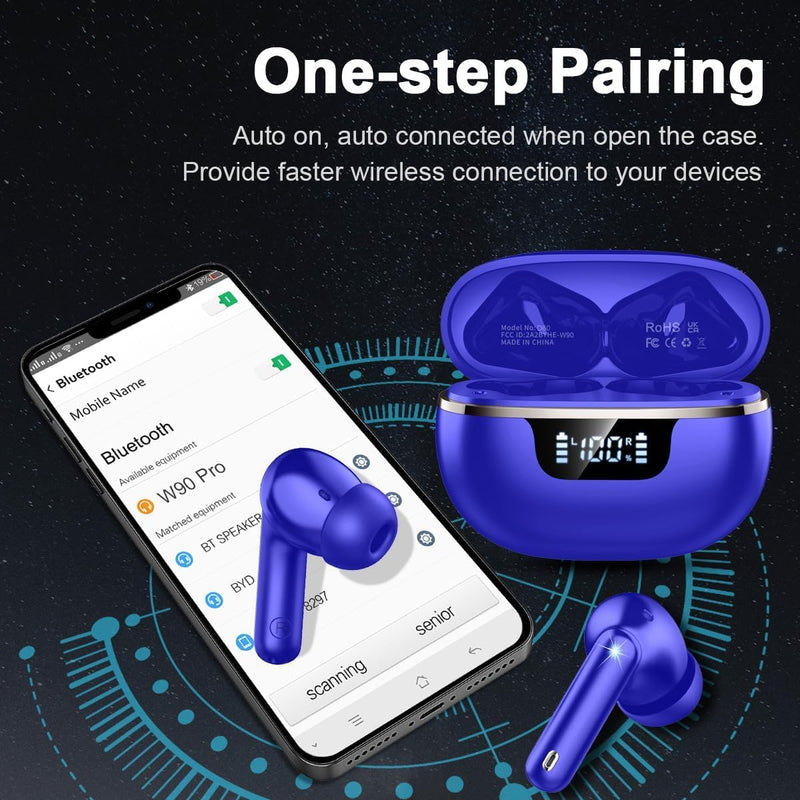 Wireless Earbuds, Bluetooth 5.4 Headphones 50H Playtime Ear Buds Earphones | IP7 Waterproof with 4 ENC Mics, HiFi Deep Bass, LED Display Fast Charging, 2026 in-Ear Headphones for Sports & Outdoor Blue
